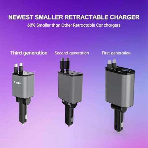 Premium Flexino Compact Retractable Car Charger for i Phone 16 – 69 W Fast Charging with Dual 2.6 ft USB C Cords | Efficient Power Adapter Compatible with i Phone 16/15/14/13/12 Series & Galaxy Devices | Sleek Grey Design for Ultimate Portability and Reduced Cable Clutter
