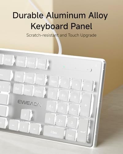 Transform Your Typing Experience with the EWEADN GX710 S White Backlit Wired USB Keyboard – Ergonomic, Quiet, and Crafted for Performance! Ideal for Gamers and Professionals, Featuring Elegant Metal Panel and Pudding Keycaps for Sleek Style. Enjoy Effortless Plug-and-Play Setup and Perfect Compatibility with Windows PCs and Laptops. Illuminate Your Workspace with Brilliant White LED Backlighting for Enhanced Visibility in Low Light. Durable Design Ensures Longevity, While Whisper-Quiet Keystrokes Create a Focused Environment. Upgrade Your Productivity and Comfort Today with this Full-Size, Modern Keyboard – The Ultimate Choice for Efficient Typing, Gaming, and Everyday Use!