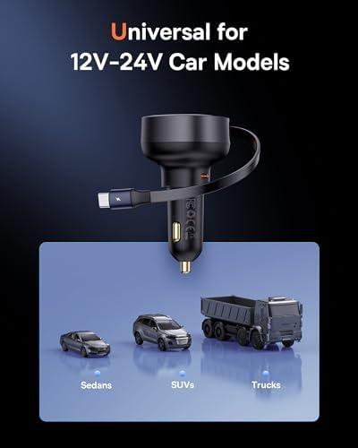 Baseus 33 W Retractable Dual USB-C Car Charger – Fast Charge Your Samsung Galaxy & Tablets on the Go, Sleek Black Design, Compact & Portable, Enhanced Safety Features for Effortless Travel Power Solutions