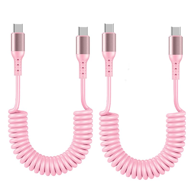 Coiled USB C to USB C Cable 3 ft – Dual Pack Retractable Charging Solution in Pink for Fast Data Transfer and Compatibility with i Phone 16, 15 Pro Max, Samsung Galaxy S24/S23, Moto G8, and Google Pixel – Perfect for Carplay and Android Auto