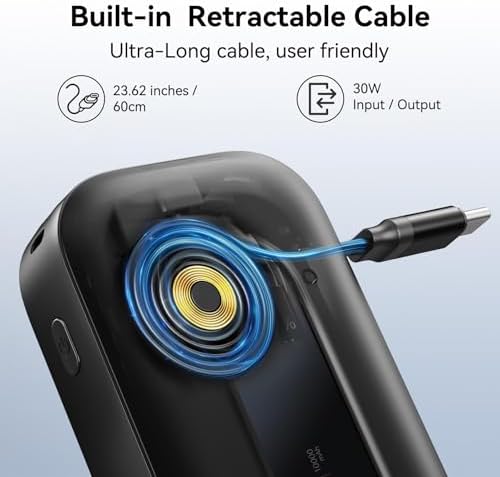 Ultra-Portable 10,000 m Ah Power Bank with Retractable Cable & USB-C to Lightning Compatibility – 30 W Fast Charging Battery Pack for i Phone 16/15/14/13 & Samsung Devices – LED Display for Easy Monitoring – Essential Travel Charger for On-the-Go Power Solutions
