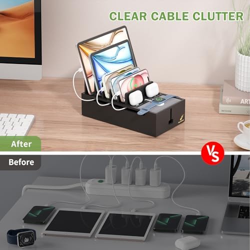 Pezin & Hulin Eco-Friendly Bamboo Cable Management Box – Sleek Desktop Organizer with 6 Cables for Tidy Charging Station, Stylish Wire Organizer for Electronic Devices, Enhances Workspace Efficiency and Aesthetics