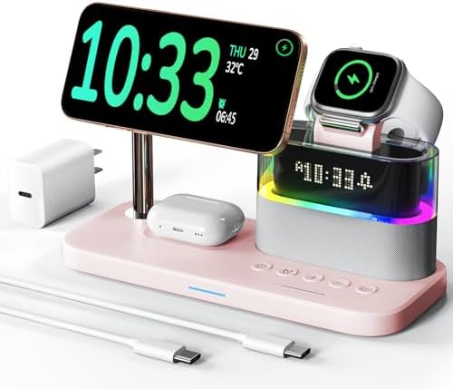 Ultimate 5-in-1 Wireless Charging Station with Alarm Clock and Night Light – Sleek Mag-Safe Dock for i Phone 16/15/14/13/12, Apple Watch & Air Pods – Fast Charging & Space-Saving Design for Nightstand Organization