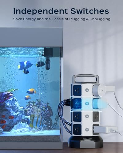 JACKYLED Power Strip Tower Surge Protector with 12 Outlets and 6 USB Ports (2 USB-C) – High-Speed Charging Station with 1050 Joules Protection, 1625 Watts, 6.5 ft Extension Cord for Enhanced Home Office Efficiency and Device Safety