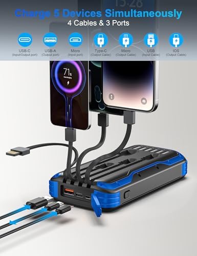 Ultimate 40000 m Ah Solar Power Bank – All-in-One Charging Solution with 20 W Fast Charge, Built-in 4 Cables, and Dual LED Flashlights for Outdoor Essentials – Waterproof, Durable Design for Universal Device Compatibility and Emergency Preparedness