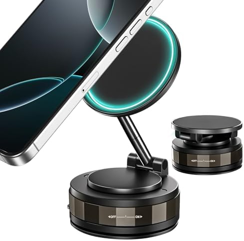 360° Adjustable Vacuum Magnetic Phone Holder, Foldable Suction Cup Phone Mount for Magsafe, Magnetic Cell Phone Holder for Your Cars/Gym/Mirror, for iPhone 16e Pro Max 15 14 13 12 – Enhanced Compatibility and Speed