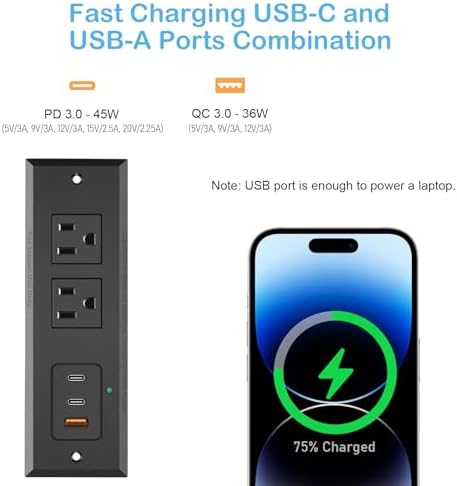 Revolutionize Your Charging Setup with CCCEI Recessed Power Strip: 45 W USB-C & Fast USB-A Ports for Effortless Connectivity, Stylishly Hidden Furniture Charging Station for Tables, Includes 6 FT 45-Degree Flat Plug Cord for Optimal Placement and Convenience