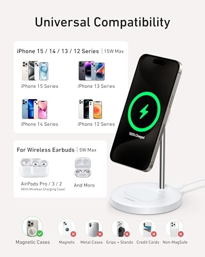 Anker Mag Safe 2-in-1 Charging Station for i Phone 16 and Air Pods Pro – Qi2 Certified 15 W Max Wireless Charger Stand in Sleek Black – Fast Charging Compatibility for i Phone 12/13/14/15 – Effortless Magnetic Alignment for Ultimate Convenience and Style