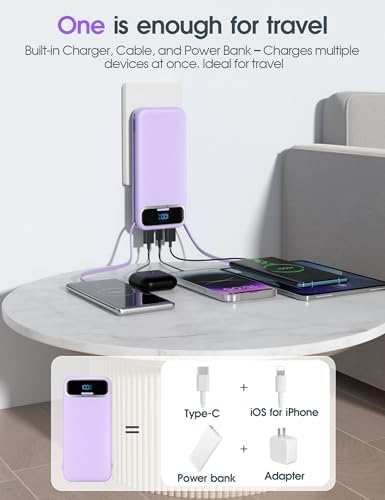 Ultra-Compact 12000 m Ah Power Bank with Built-in Charging Cables & AC Plug – 20 W PD Fast Charging for i Phone, Samsung, Android, USB-C Devices – Travel-Friendly External Battery Pack in Purple – Unmatched Portability and Efficiency for On-the-Go Charging Solutions