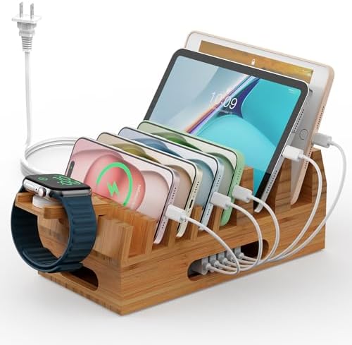 Bamboo Charging Station Organizer with 5-Port USB Hub and Charging Cables – Elegant Multi-Device Dock for Phones, Tablets, and Smartwatches – Eco-Friendly and Efficient Charging Solution for Home and Office Decor