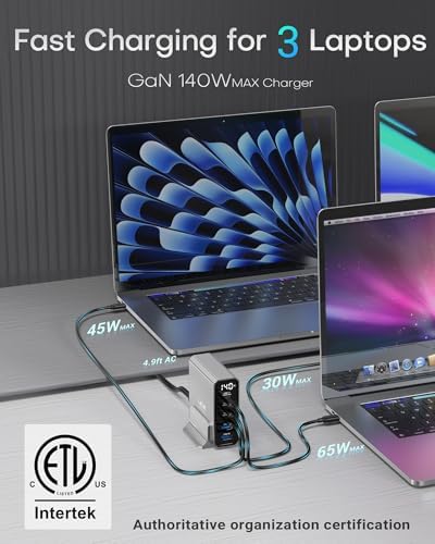Power Up with the 140 W Ga N USB-C Charging Station: 5-Port High-Speed Charger for Mac Book, i Phone 15, and Samsung Galaxy – Enhanced Display for Real-Time Monitoring, Sleek Black Design, Perfect for Home & Office Use