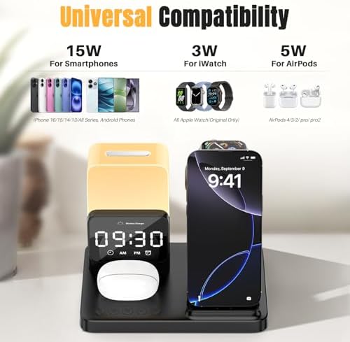 Ultimate 6-in-1 Wireless Charging Dock: Qi Certified Fast Charger for i Phone, Samsung, Air Pods, and Apple Watch with Digital Alarm Clock and Adjustable Night Light – 15 W Power Station with 20 W Adapter Included – Ideal for Streamlined Charging Solutions and Cable Management