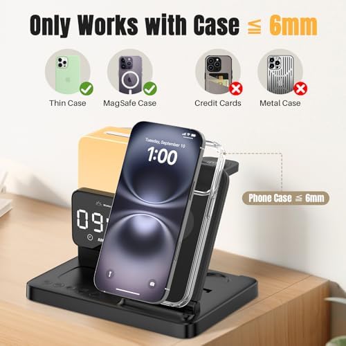 Ultimate 6-in-1 Wireless Charging Dock: Qi Certified Fast Charger for i Phone, Samsung, Air Pods, and Apple Watch with Digital Alarm Clock and Adjustable Night Light – 15 W Power Station with 20 W Adapter Included – Ideal for Streamlined Charging Solutions and Cable Management