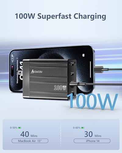 Acacou 100 W 4-Port USB-C Fast Charger – Ga N Technology for Ultimate Device Compatibility in Dark Bronze – Rapid Charging for Mac Book Pro/Air, Google Pixelbook, Dell XPS, i Pad Pro, Galaxy S23/S22, i Phone 15/14/Pro – Compact, Efficient Power Solution for Home and Office