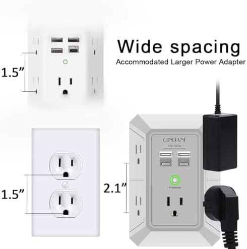 QINLIANF 5-Outlet USB Wall Charger with Surge Protection – 4 USB Ports (4.8 A Total) Power Strip Extender, 3-Sided Design for Easy Access, 1680 J Surge Defense, Compact Multi-Plug Adapter for Home, Travel, and Office Use – Elevate Your Charging Experience with Versatile Compatibility and Safety