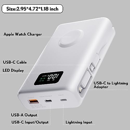 pzoz 20000 m Ah Ultra-Portable Power Bank with Magnetic Wireless Charger for Apple Watch – Rapid USB Type C PD Travel Charger for i Phone 15/16 and More – High-Capacity Battery Pack for On-the-Go Charging Solutions – Sleek, Durable Design with LED Indicators for Smart Charging Management