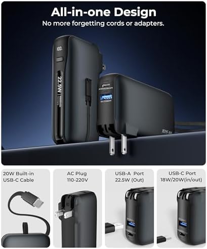 Ultimate 10,000 m Ah Portable Charger with Built-in USB-C Cable & Plug – Fast 22.5 W Power Bank for Seamless Charging of i Phone 16/15, Samsung Galaxy & i Pad – Compact Travel Essential with Triple Output Ports for Maximum Device Compatibility