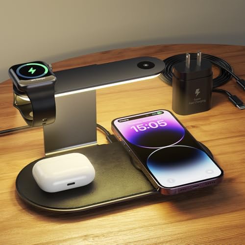 4-in-1 Wireless Charging Station with Adjustable LED Night Light – Fast Charging Dock for i Phone 12-16, Apple Watch Series 1-8/Ultra & Air Pods – Enhanced Safety Features, Seamless Magnetic Alignment, and Premium Metal Design for Home or Office Use