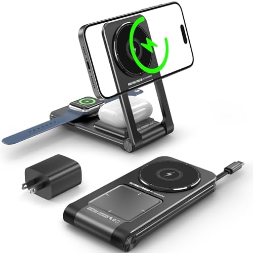 Ultimate 3-in-1 Magnetic Wireless Charging Station with Retractable Cable – Fast 15 W Charger for i Phone 16, 15, 14, 13, 12, Apple Watch & Air Pods – Portable Foldable Design with 20 W Adapter for Home, Office & Travel – Enhanced Safety Features & Cable Management Solutions