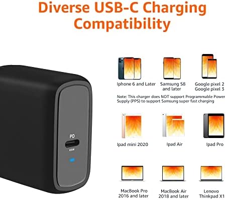 Amazon Basics 65 W Ga N USB-C Wall Charger – High-Speed Power Delivery Adapter for Laptops, Tablets & Smartphones, Compact & Foldable Design for Ultimate Portability, Efficient Charging Solution in Sleek Black Finish