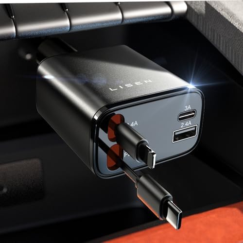 LISEN 69 W Retractable USB-C Car Charger – Fast Charging Solution for i Phone 16, 15, 14, 13, 12 | Compact Travel Accessory with Enhanced Safety Features | Essential Car Adapter for Road Trips & Daily Commutes | Unique Gift for Tech-Savvy Users