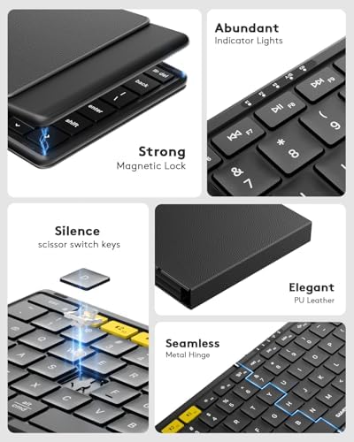Samsers Foldable Bluetooth Keyboard KF08 – Ultimate Portable Wireless Keyboard with PU Leather Cover for i OS, Android, Windows, and Mac – Ideal Travel Companion for Laptops, Tablets, and Smartphones – Enhanced Comfort and Durability for On-the-Go Professionals