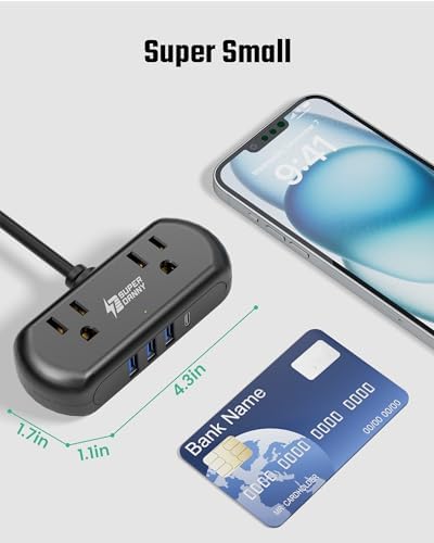 Compact USB Charging Station Power Strip – SUPERDANNY Mini Surge Protector with 2 Extra Wide Outlets, 4 USB Ports (3 USB-A & 1 USB-C), 5 Ft Cord, Flat Plug Design for Space-Saving Convenience, Ideal for Home, Office, and Travel Use – Enhanced Power Efficiency and Safety Features