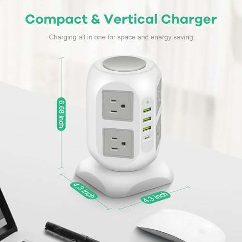 Ultimate 8-Outlet Power Strip Tower with 15 FT Extension Cord | Compact Surge Protector with 4 USB Ports & 20 W USB-C Fast Charging | Space-Saving Desk Organizer for Office & Home | Enhanced Compatibility for All Devices