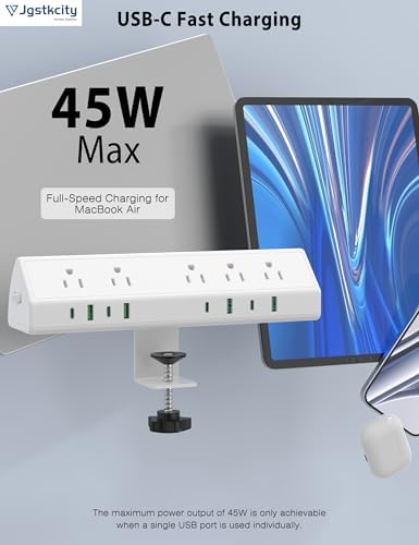Maximize Efficiency with the 45 W Desk Clamp Charging Station – 4 PD USB-C Ports & 5 AC Outlets, ETL Listed Surge Protector for Ultimate Device Protection, 14 AWG Heavy-Duty Cord, Secure Fit for 1.9″ Tabletops (Black, 6 FT Cable) – Your All-in-One Power Solution for Home and Office