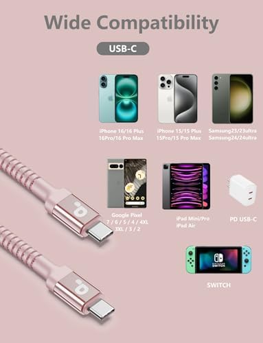 10 FT USB-C to USB-C Charging Cable 2-Pack – Premium Fast Charge & Data Transfer Solution for i Phone 16, Samsung Galaxy S23, LG, Nintendo Switch – Flexible, Durable Nylon Braided Design for Ultimate Convenience and Longevity