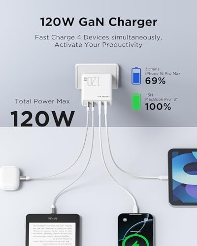 PISEN 65 W Ga N USB-C Fast Charger | 4-Port Compact Wall Adapter with 4 FT Cable | Ultimate Charging Solution for Mac Book Pro, i Pad Pro, Galaxy S23 & i Phone Series | Enhanced Speed, Energy Efficiency & Travel-Friendly Design