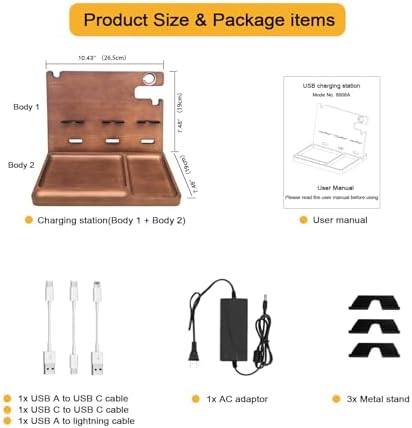 Wooden USB Charging Station for Multiple Devices – Fast Charging Dock with QC3.0 & PD 22.5 W Type-C for i Phone, Samsung, Google Android, Smartwatch, and Earbuds – Perfect Gift for Tech-Savvy Men – Stylish Organization & Enhanced Compatibility