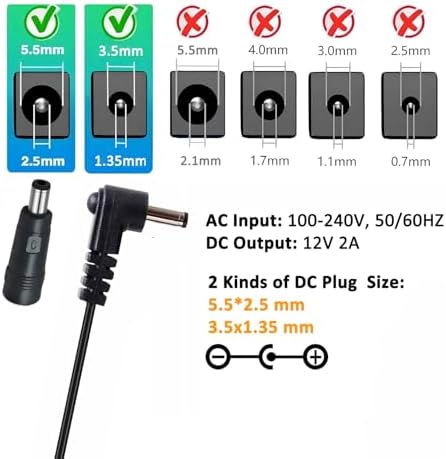 Universal 12 V 2 A AC Power Adapter with 5 ft Cord – High-Efficiency Charger for Diverse Electronic Devices – Dual Connector Compatibility (3.5 mm x 1.35 mm & 5.5 mm x 2.5 mm) – Global Input Voltage 100 V-240 V – Enhanced Safety Features for Optimal Device Performance – Ideal Power Supply Solution for Home and Office Use