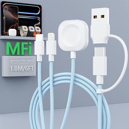 Universal 4-in-2 Travel Charging Cable – 6 FT Versatile Connector for Apple Watch, i Phone, Android Devices, i Pad & Air Pods – Stylish Pink Design for Effortless Portability – Fast Charging & Enhanced Compatibility for All Your Tech Needs – Essential Travel Accessory for Modern Device Users