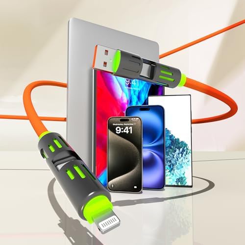 Universal 4-in-1 USB Charging Cable for Lightning, USB A & Type C Devices – 240 W Fast Charging Solution for i Phone 16/15/14/13, i Pad, Samsung Galaxy, Mac Book – Durable Tangle-Free Design for Effortless Power Delivery Anywhere