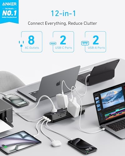 Anker 12-in-1 Flat Plug Power Strip – Ultimate USB-C Charging Station with 8 AC Outlets, 2 USB-C, 2 USB-A Ports, 5 ft Extension Cord, Slim Design for Home & Office, 900 J Surge Protection, Fast 35 W Output for Enhanced Device Safety and Efficiency