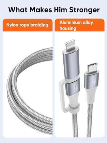 Experience unparalleled charging efficiency with the Cable Creation MFi Certified 2-in-1 Fast Charging Cord, a versatile 6 FT nylon braided USB C to USB C & Lightning cable designed for ultimate compatibility. Perfectly suited for Apple i Phone 16/15/14/13 Pro Max and popular Android devices like Galaxy and Google Pixel, this 60 W fast charging cable ensures rapid power delivery and seamless connectivity. Engineered for durability, the premium nylon braided exterior withstands daily wear, while the generous length provides flexibility for use at home, in the office, or on the go. Elevate your tech toolkit with this essential charging solution that combines robust construction with fast data transfer capabilities, making it ideal for both everyday users and tech enthusiasts alike. Stay powered up and ready for any challenge with the Cable Creation 2-in-1 charging cord, where efficiency meets reliability.