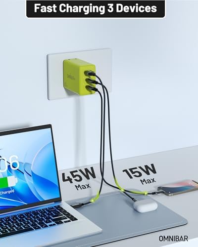 Omnibar 65 W Ga N USB-C Fast Charger Block – 3-Port Travel Adapter for i Phone 16/15, Mac Book Pro/Air, Galaxy S24/S23 & Nintendo Switch – Compact Lime Green Design for Effortless Multi-Device Charging – Universal Compatibility & High-Efficiency Power Delivery for On-the-Go Tech Users
