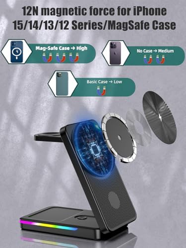 3-in-1 Foldable Mag-Safe Wireless Charging Station for i Phone 16 Pro Max, 15, 14, 13, 12 – Seamless Nightstand Charger for Air Pods & i Watch – Compact Multi-Device Power Hub in Sleek Black Finish for Enhanced Efficiency and Travel Convenience
