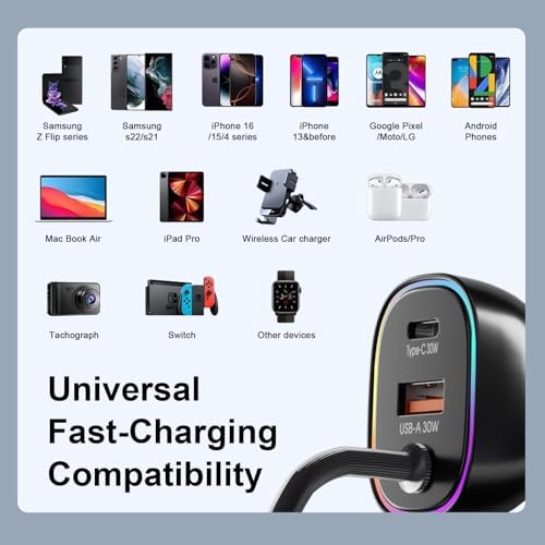 High-Power 90 W USB-C Car Charger for i Phone 16 Pro & Samsung Galaxy – Fast PD & QC 3.0 Charging with 4 ft Coiled Cable, Multi-Port Compatibility for Ultimate Convenience on the Go – Perfect for Long Trips and Daily Commuting