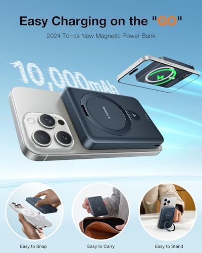 TORRAS Magnetic 10000 m Ah Portable Power Bank – Ultra-Slim Wireless Charger for i Phone with Fast Charging & Integrated O-Stand, Compatible with Mag Safe, 16 Pro Max, Pro, 15, 14, 13, 12 – Essential Travel Companion for Effortless Connectivity