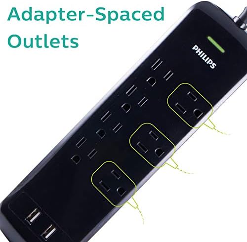 Philips EZFit Surge Protector with 3 Outlet Power Strip and 6 ft Braided Cord – Enhanced Charging Station Featuring 2 USB-A and 1 USB-C, 490 Joules of Surge Protection, Space-Saving Design in Sleek White for Home and Office Use