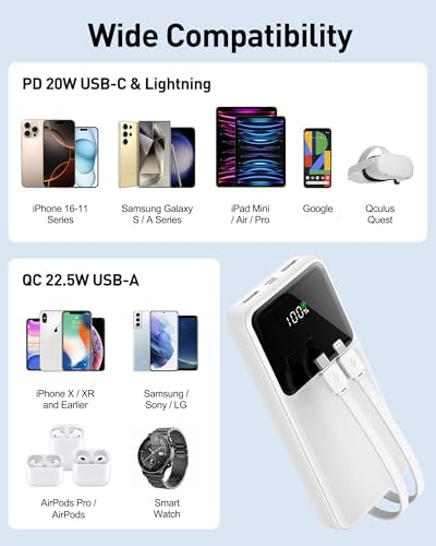 26800 m Ah High-Capacity Portable Fast Charger with Built-in Cables – 22.5 W Power Bank Featuring PD 3.0 & QC 4.0, LED Display for Real-Time Power Monitoring, Ultimate Travel Essential for i Phone, Samsung, Google Devices – Multi-Device Charging with Safety Protections and Universal Compatibility