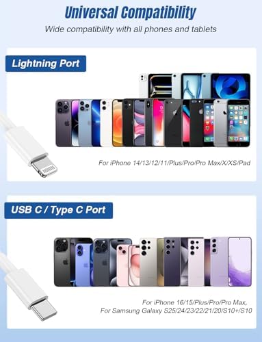 Versatile 3-in-1 i Phone Charger Cable – 6 FT USB C to Lightning with Triple Port Compatibility for i Phone 16/15/14/13/12/11 Pro Max/XS/XR/8 & i Pad Pro/Mini – Fast Charging Solution (2-Pack, Black) for Effortless Multi-Device Power Management