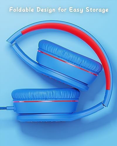 K16 Kids’ Foldable Wired Headphones with Microphone – Lightweight On-Ear Stereo Bass Design in Vibrant Pink and Red for School, Gaming, and Tablet Use – Compatible with Kindle, Chromebook & More – Durable Comfort for All-Day Listening