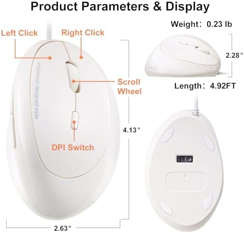 SANWA Ergonomic Vertical Mouse for Small Hands – Wired Optical Design, 1000/1600 DPI, 6 Customizable Buttons, Reduces Wrist Strain, Compatible with Mac, PC, Laptop, & Desktop, Elegant White Finish for Enhanced Productivity and Comfort