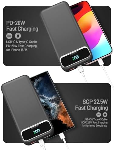 Ultimate 20,000 m Ah Portable Charger with Built-in Cables & AC Plug – Super Fast PD20 W & SCP22.5 W USB-C Power Bank for Quick Device Charging – LED Display & Universal Compatibility for i Phone, Samsung & More – Essential Travel Accessory for On-the-Go Power Solutions
