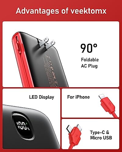 VEEKTOMX 20,000 m Ah Portable Charger with Built-in Cables and AC Wall Plug – Fast Charging Power Bank for i Phone 15/14/13 & Samsung Devices, Slim Battery Pack with LED Display for Ultimate Compatibility and On-the-Go Convenience