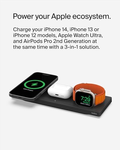 Belkin 15 W Mag Safe-Compatible 2-in-1 Wireless Charging Station – Fast Dual Device Charger for i Phone 16, 15, 14, 13 Series & Air Pods – Sleek Sand Design for Effortless Portability and Seamless Power Solutions
