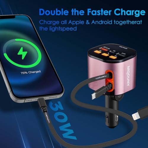 Ultimate 5-in-1 Fast Car Charger with Bluetooth 5.3 FM Transmitter – 90 W Retractable Charging Hub for i Phone 15/14/13 – Hands-Free Calling and Dual USB Ports for Seamless Connectivity and Quick Charging – Compact Black Design for Enhanced In-Car Experience